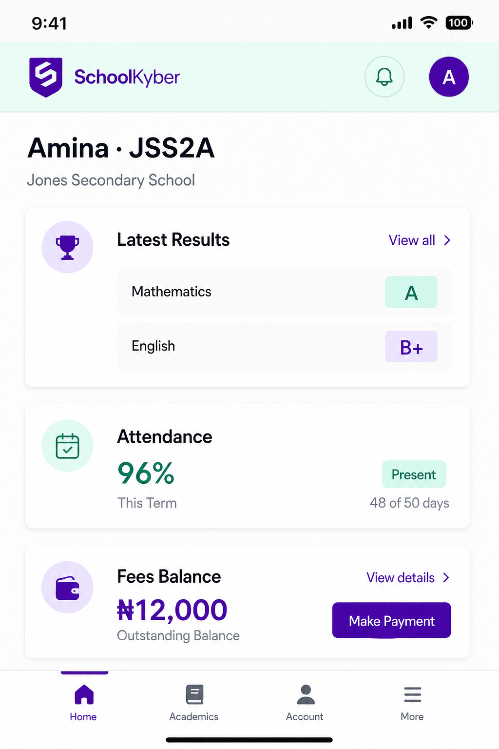 SchoolKyber parent portal on mobile