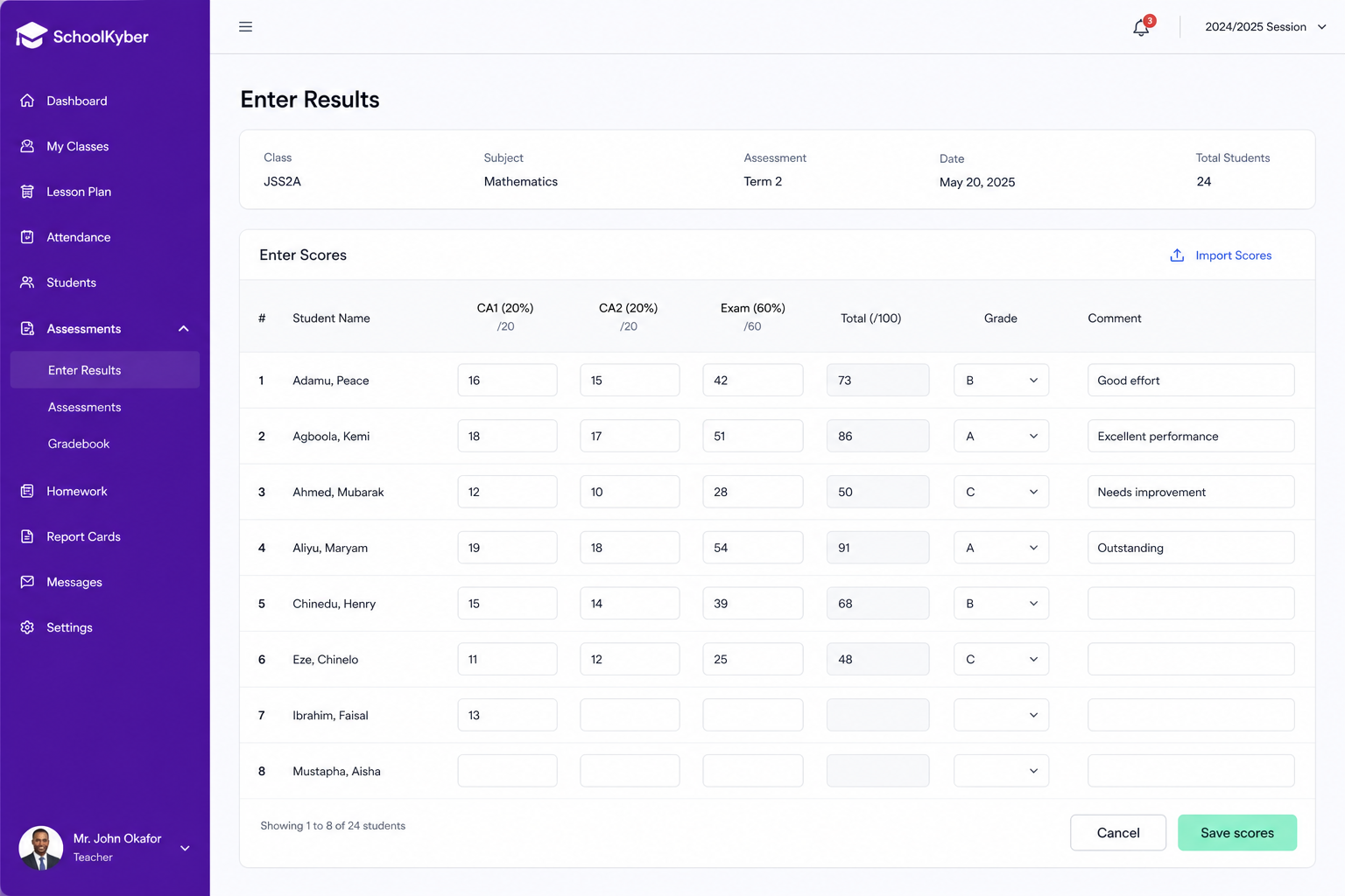 SchoolKyber teacher results workspace